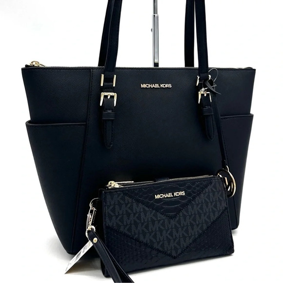 Michael Kors Large Charlotte Tote Bag & Large Double Zip Wallet Black (NWT) - Picture 1 of 13